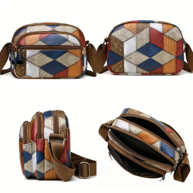 versatile shoulder bag with multiple pockets geometric decorations wide shoulder strap crossbody bag and handbag suitable for daily commute work travel and various functions details 3