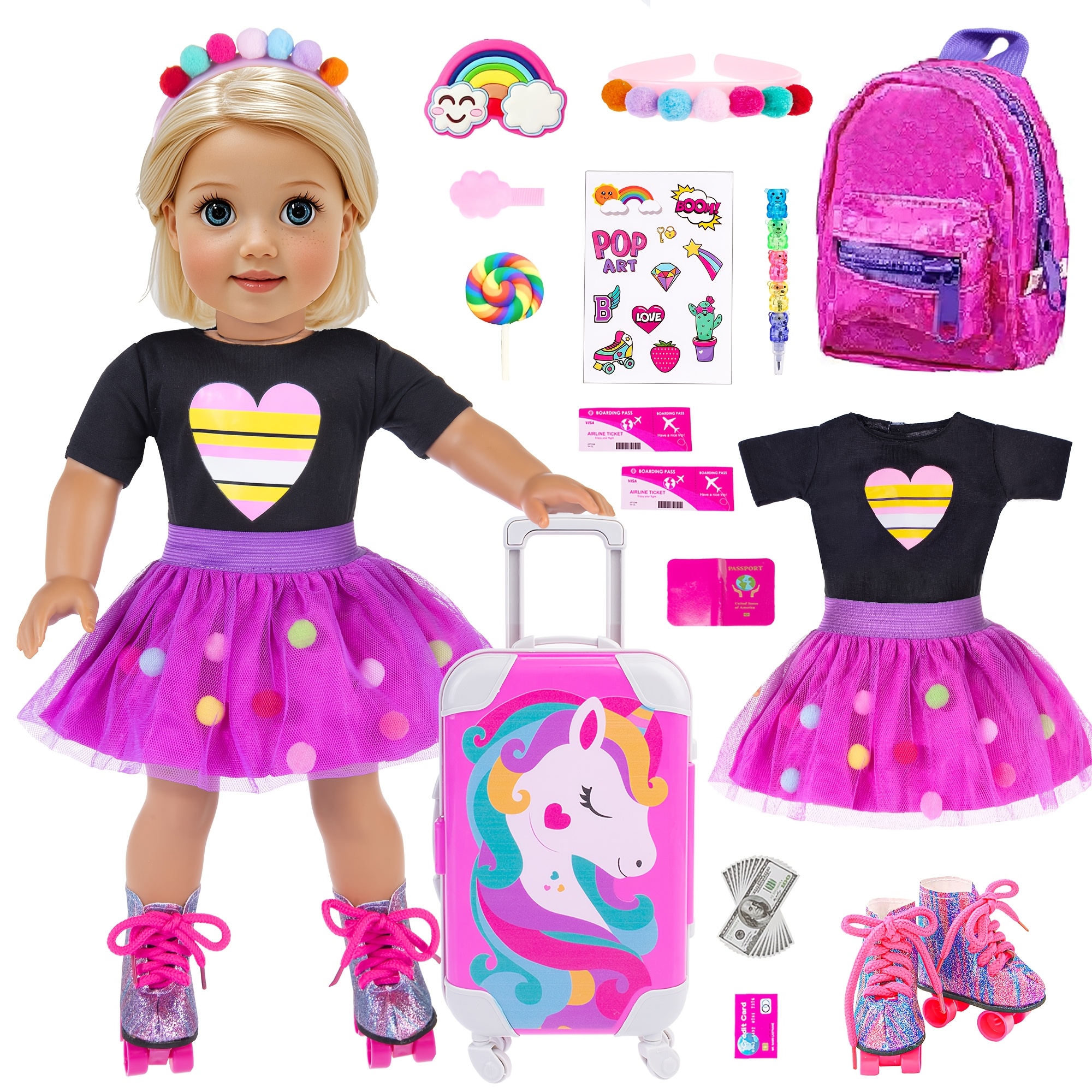 

18 Inch Doll Clothes And Accessories Travel Set With Suitcase Roller Skates School Supplies Playset Including Dress, Suitcase, Roller Skates, Hairpin, Hair Ring For Age 3+ As Christmas Gift (no Doll)