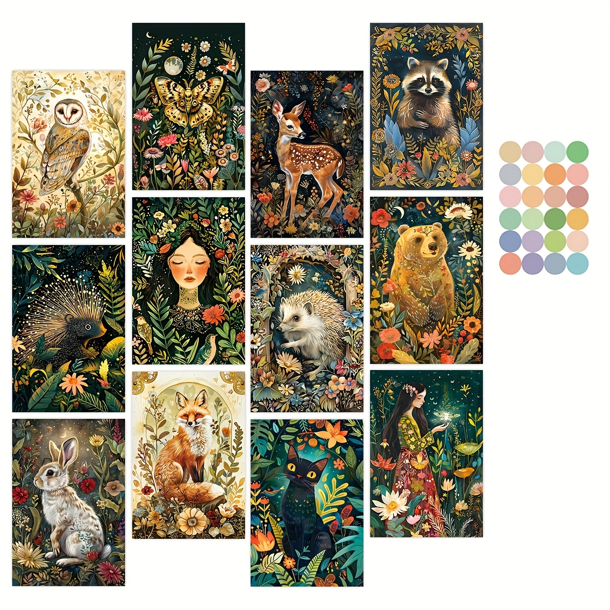 

12-pack Vintage Woodland Animal Postcards, Wall Collage, Botanical Prints, Unique Decor, Ideal For Valentine's Day, Easter, Birthdays, Anniversaries, Gifts, English Text