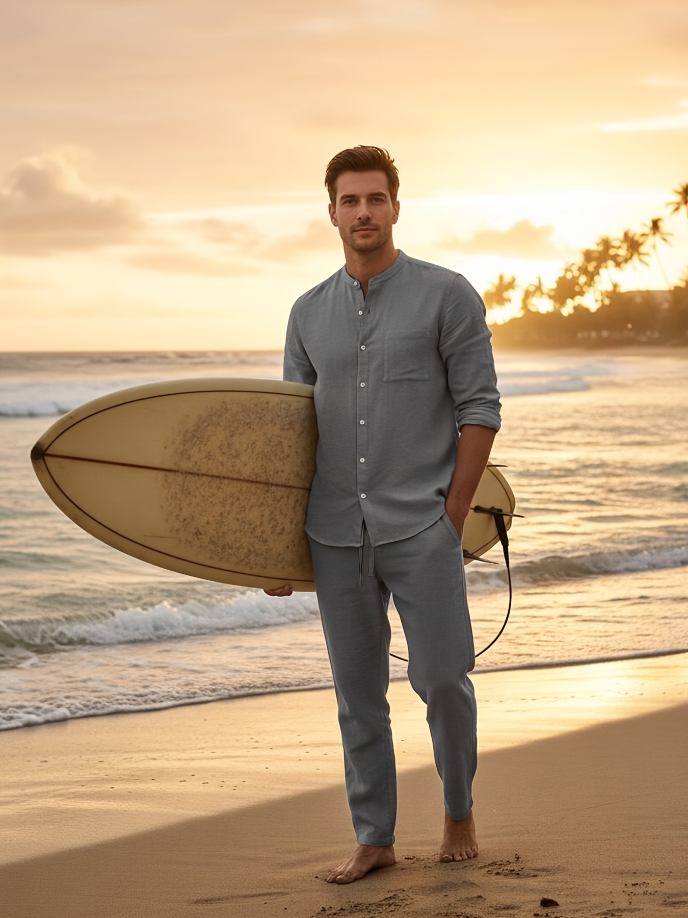 Men's Long-sleeve Shirt and Trousers Set for Spring, Summer, and Autumn. Made of Linen for Good Breathability and Comfort. Features a Small Stand-up Collar and Elastic Waistband with Drawstring on the Trousers, Ideal for Seaside Leisure and Vacation