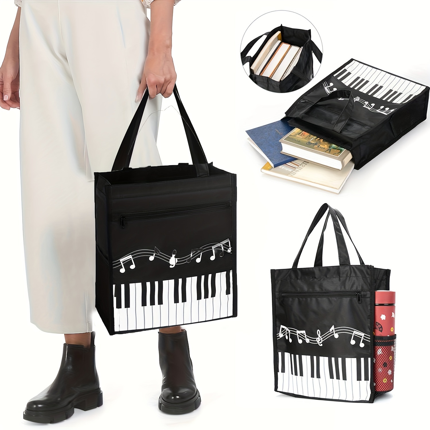 

Water-resistant Polyester Tote Bag With Piano Keyboard And Music Notes Design, Large Capacity With Organizer Pockets And Side Bottle Holder