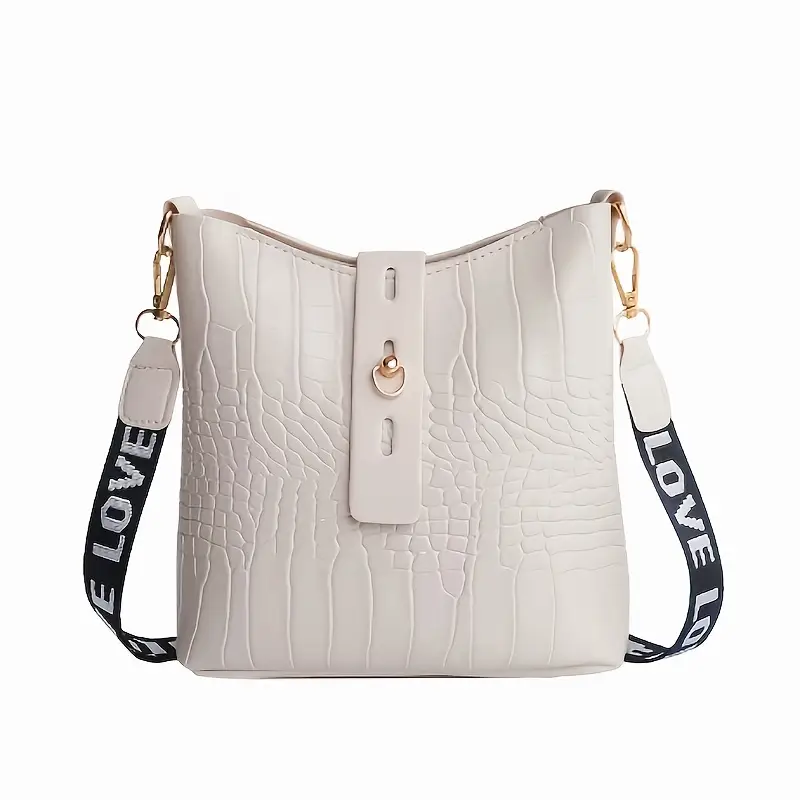 1pc crocodile pattern bucket bag stylish womens crossbody purse with hardware black casual or formal occasions details 8