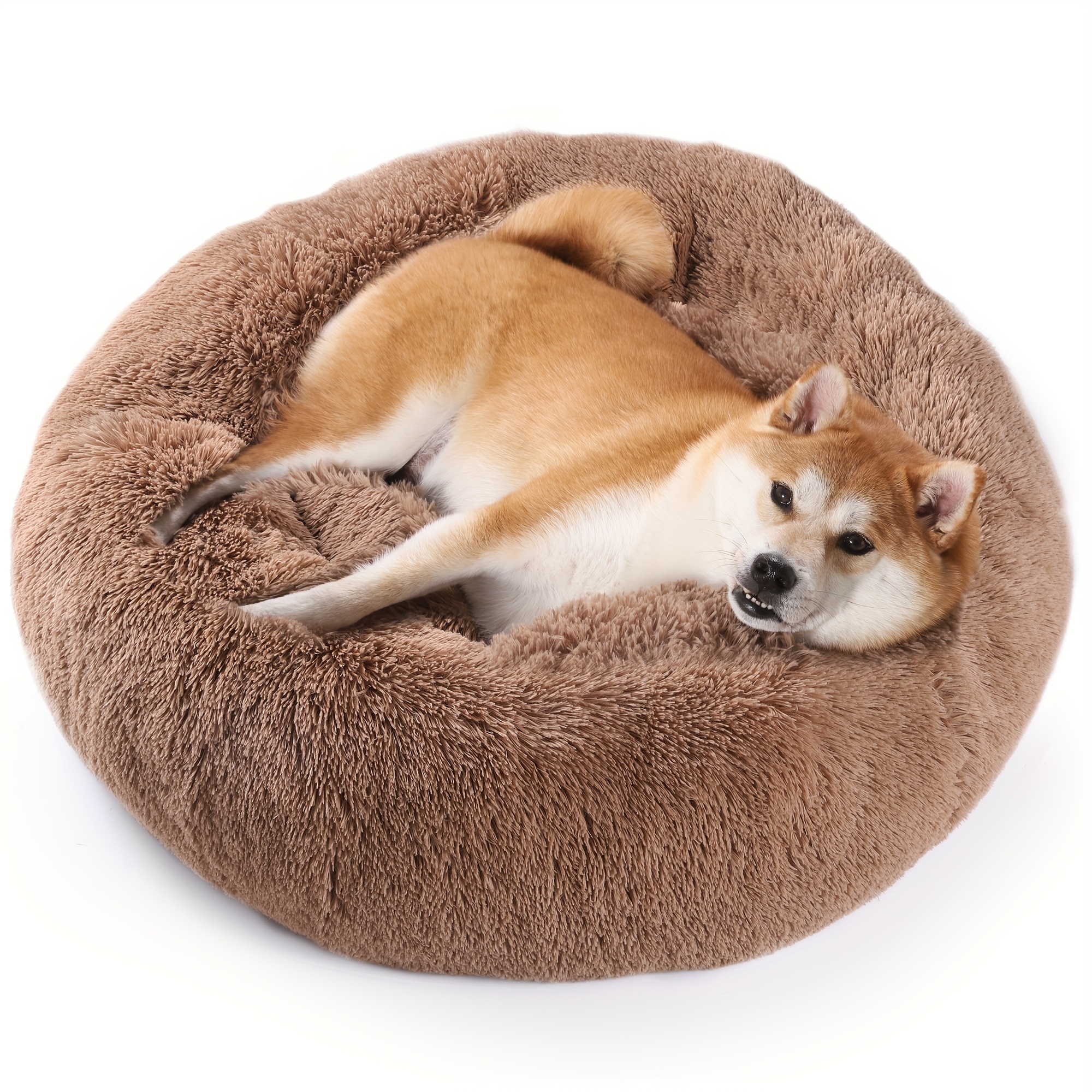 

Yarsca Calming Dog & Cat Bed, Donut Warming Cozy Soft Round Bed, Fluffy Faux Fur Plush Cushion Pet Indoor Bed, Brown, 36 Inch, Fits Up To 100 Lbs Pets