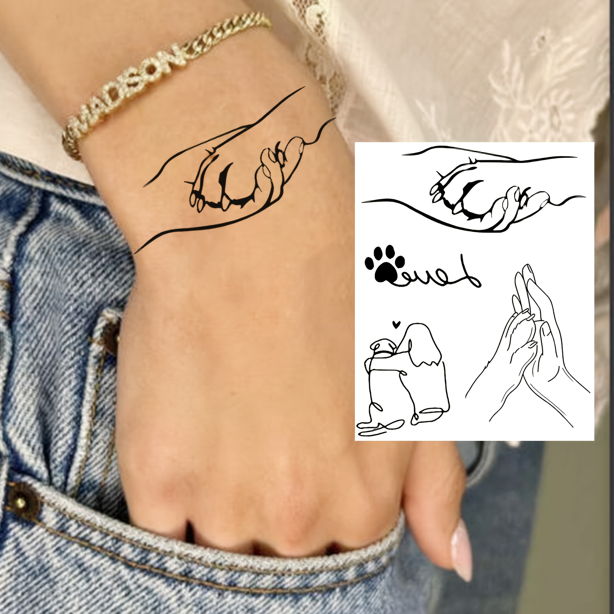 TEMU A Temporary Tattoo Featuring A Dog For Women, Suitable For Hands, Fingers, Ankles, Waist, Legs, Thighs, Forearms, And Calves. This Waterproof And Long-lasting Fake Tattoo Sticker Looks Realistic