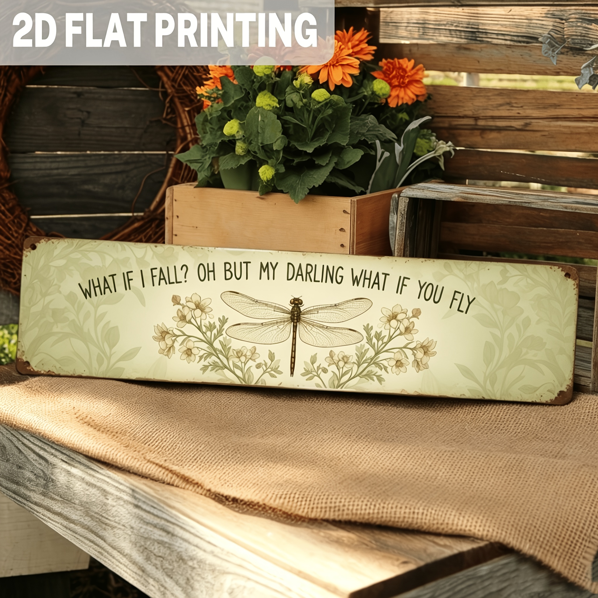 TEMU 2d Flat, 1pc Pack, Retro Style " I Fall? Oh, But , ?" Wooden Sign, With Dragonfly And Floral Patterns, Suitable For Bedroom, Home, Living Room,