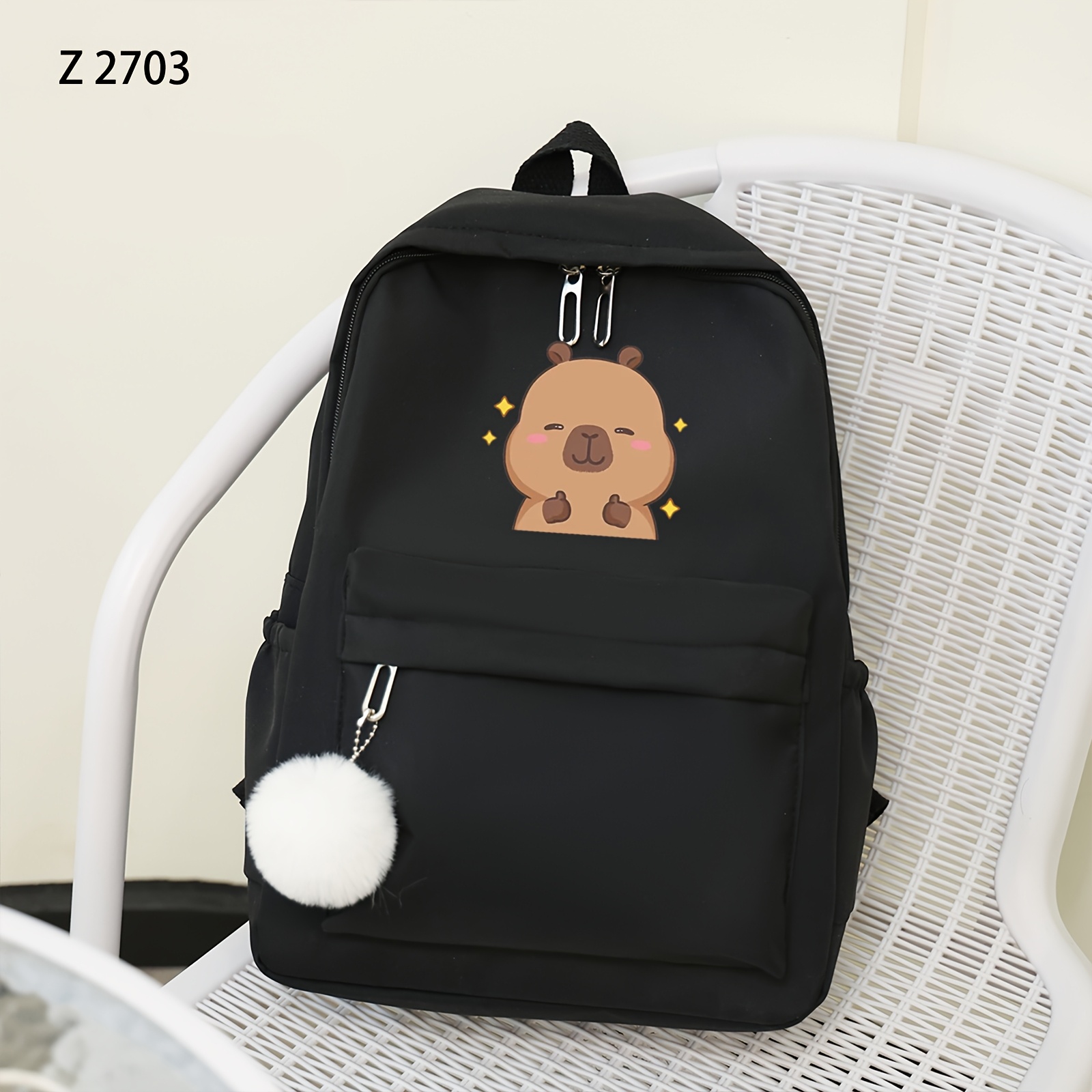 TEMU 1pc Black Casual Simple Capybara Pattern Double Shoulder Backpack, Large Capacity, Travel, Leisure, Multifunctional, With Nylon Material, Hand