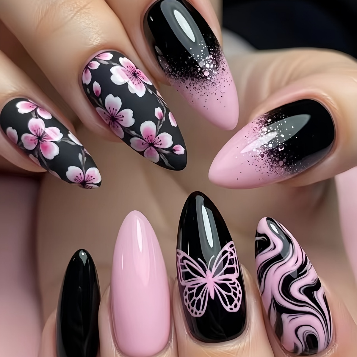 TEMU 24 faux ongles à pression, base noire tendance avec imprimé rose et papillon, paillettes dégradées rose-noir, look atmosphérique pour , banquets