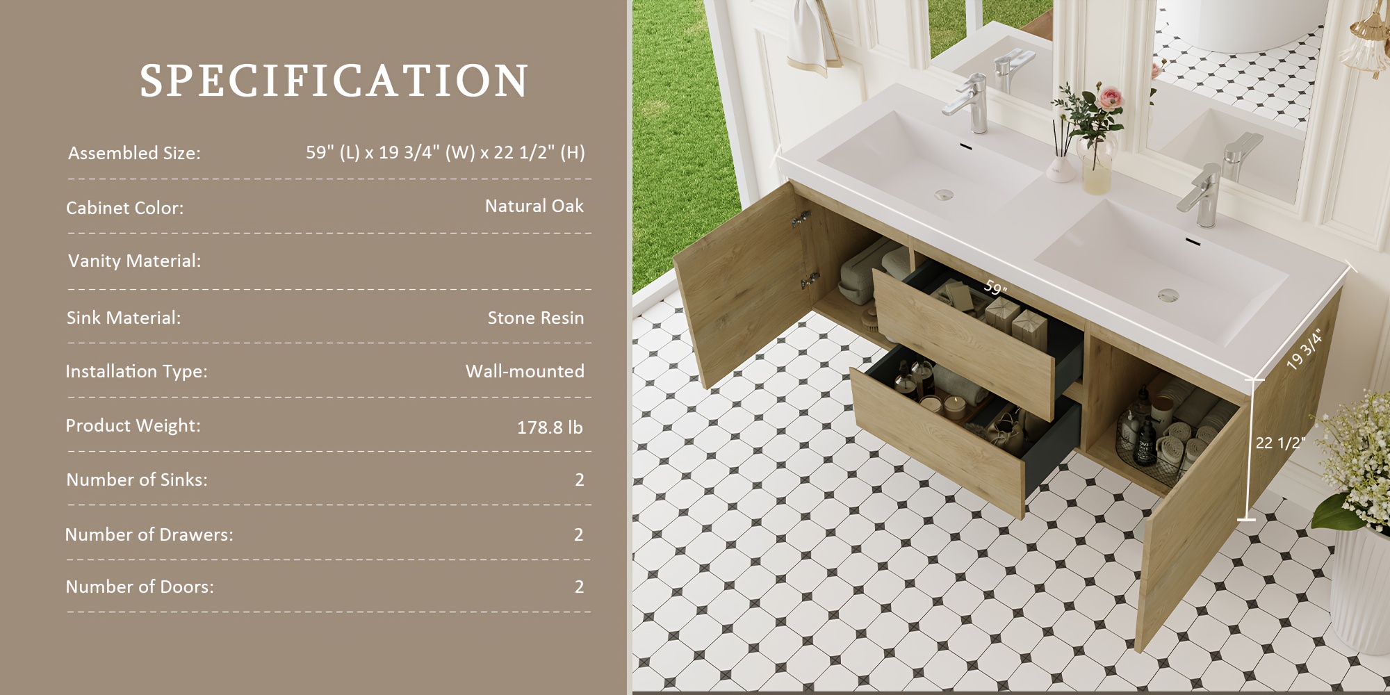 60 modern floating wall mounted bathroom vanity with double sink natural oak wood large storage soft close drawers   white resin countertop sink space saving design   faucet drain not included Product details 3
