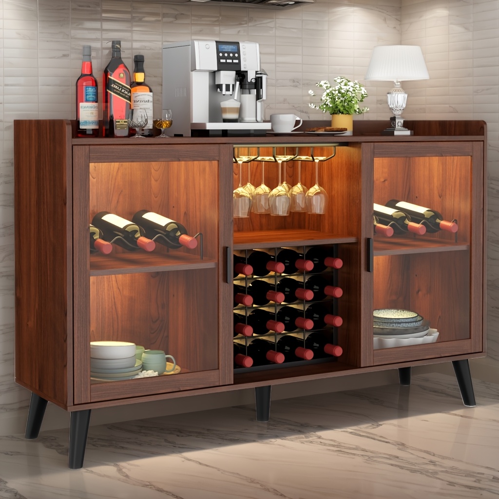 Coffee Bar Cabinet With Wine Racks, Wine Bar Cabinet With Glass Holders, Kitchen Buffet Sideboard With Adjustable Storage Shelves, Freestanding Liquor Cabinet For Kitchen, Living Room, Dining Room