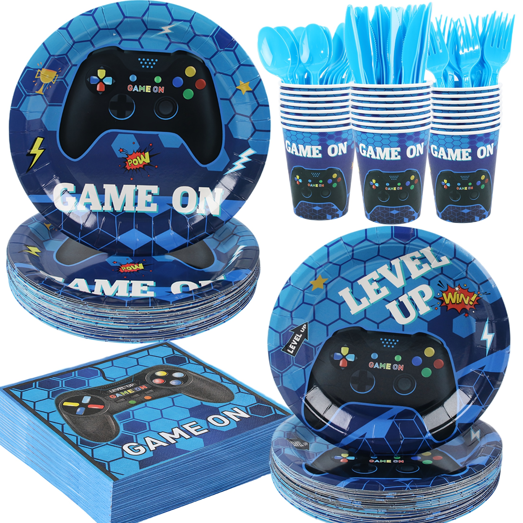 TEMU 168pcs Video Game Themed Birthday Party Decorations & Disposable Tableware Set - Thickened Plastic Plates, Cups, Napkins, Knives, Forks & Spoons