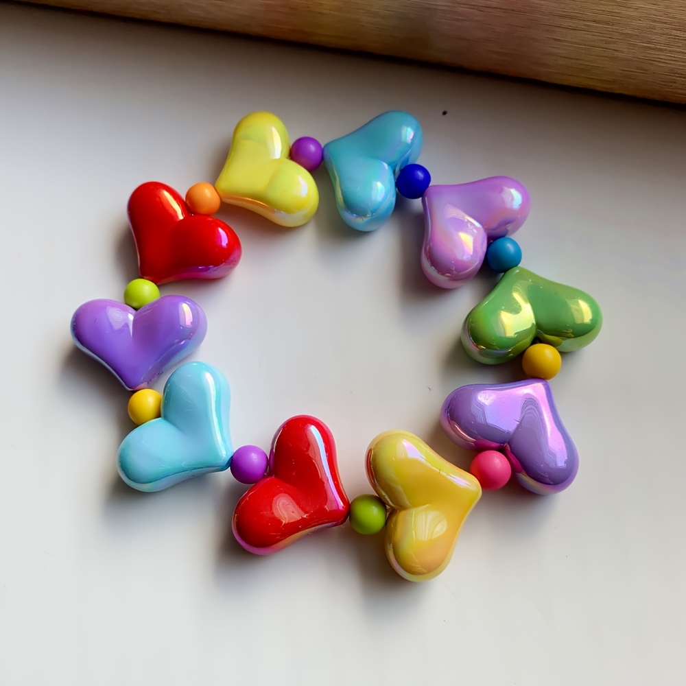 Boho Heart Beaded Bracelet Colorful Resin Charm Stretchy Elastic Rope