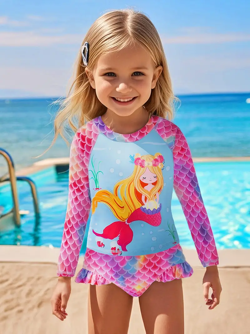 Costume Da Bagno Bimba Due Pezzi - Top Maniche Larghe & Pantaloncini Vita Alta - Stampa Limone O Stelle Marine - Foto 8