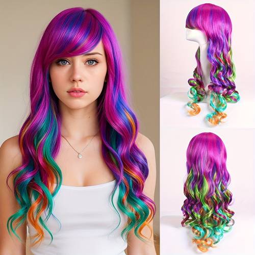 28 inch womens wig with bangs curly style made of high temperature fiber suitable for parties and cosplay