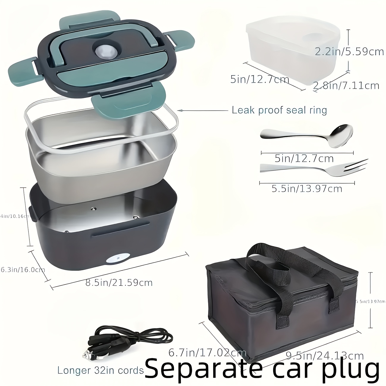 portable insulated heating student lunch box hot food waterless heating 50 72oz stainless steel container soup pot fruit box leak proof stainless steel container with car plug 12v 24v suitable for cars and trucks spoon details 1