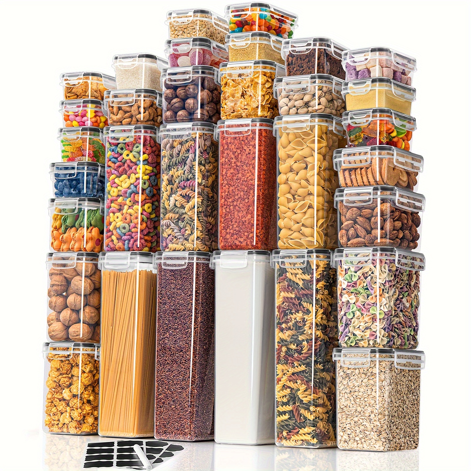 32  kitchen organizer set airtight food storage containers spice jars with lids for refrigerator pantry and kitchen cabinet   flour sugar pasta cereal and baking supplies   labels marker