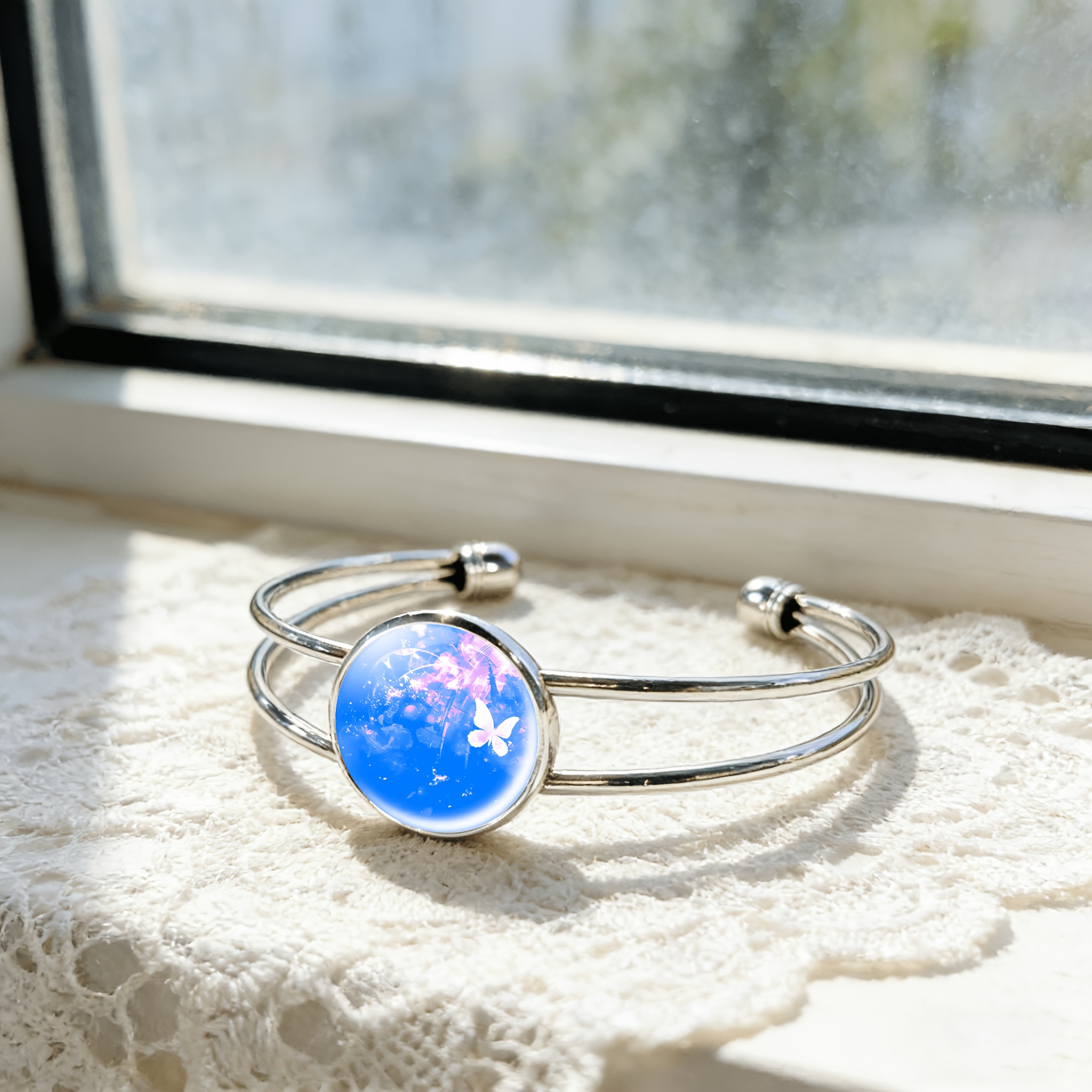 Adjustable Open Bangle with Round Time Gemstone Inlay, Classic Design