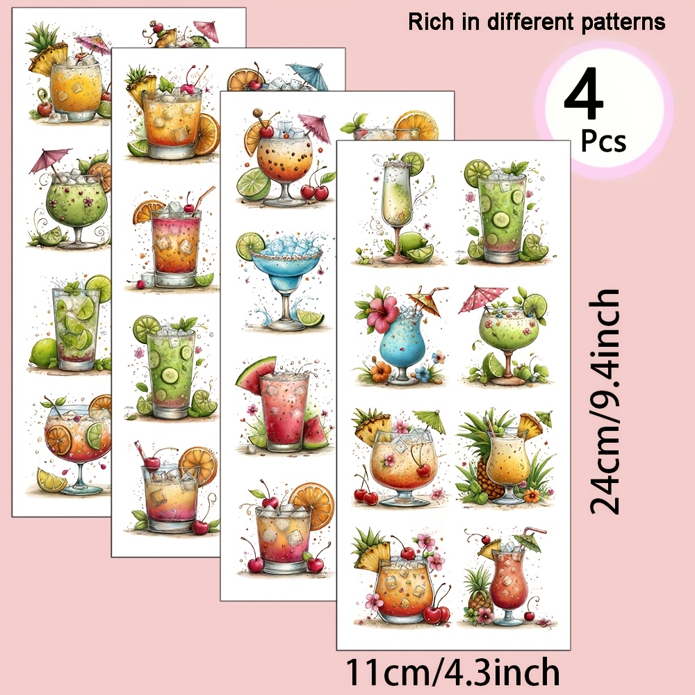 TEMU 4er-Set Tropischer Strand- Cocktail-UV-Transfer geeignet für DIY-Bastelarbeiten, Tassen, Laptops & Wasserflaschen - Selbstklebender Kunststoff
