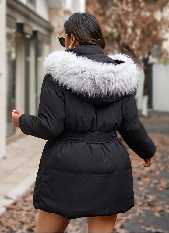 Plus Size - Plus Size Dames Mid-Lengte Hooded Parka Jas met Verstelbare Tailleband - Winterwarmte, Nepbont Rand, Casual Stijl, Effen Kleur, Niet-Rekbare Stof, Zwart, Winterparka | Hooded Jas | Nepbont Rand Jas
