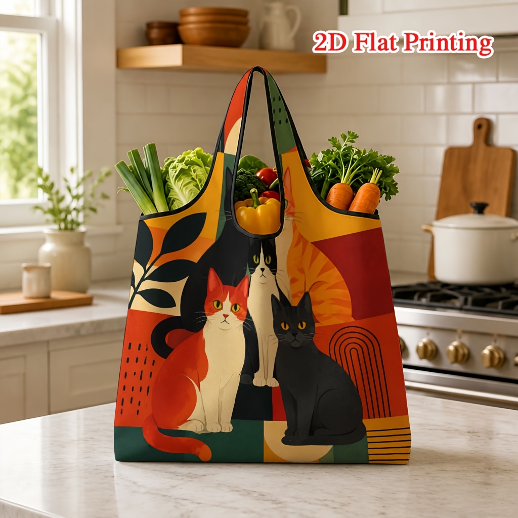TEMU 1pc Colorful Cat Pattern 2d Printed Shopping Bag, Large Portable Tote Bag, Suitable For Grocery Shopping And Travel, Machine Washable With