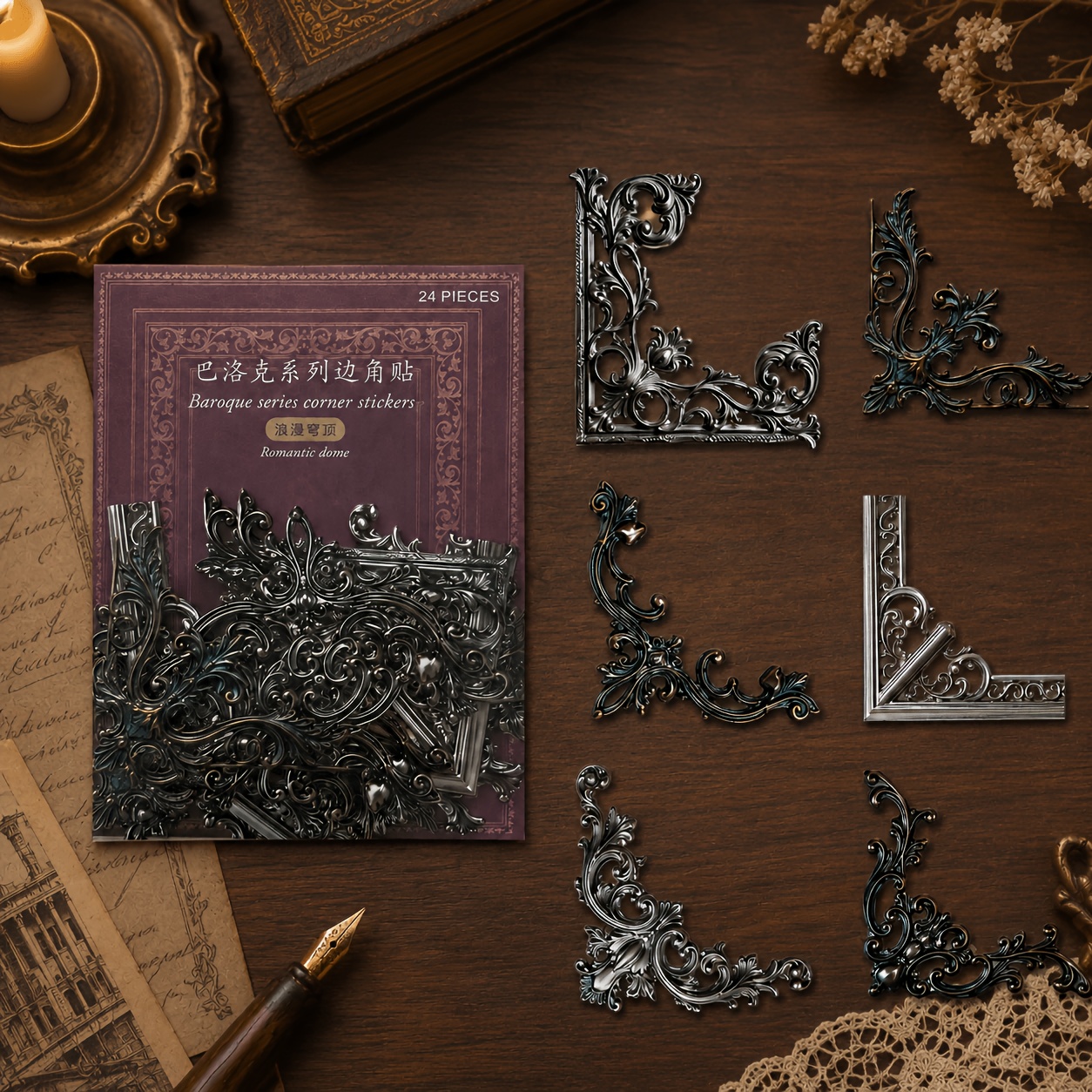 TEMU 24pcs Ornate Frame Border Stickers, Romantic Dome Baroque Corner Stickers, Decorative Corner Embellishments For Journaling, Scrapbooking, Photo