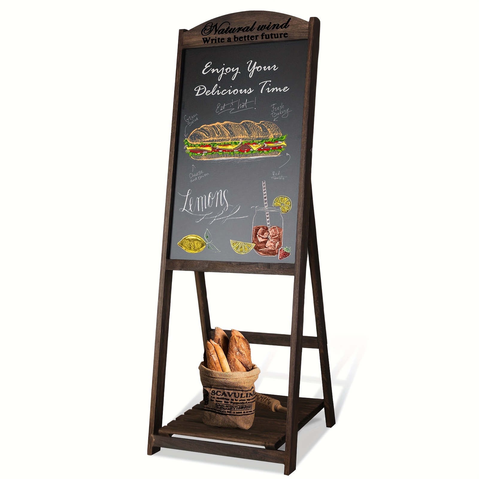 rustic vintage a frame sidewalk chalkboard sign shelf stand solid pine wood freestanding menu board with chalkboard surface storage basket for restaurants cafes bakeries indoor outdoor use