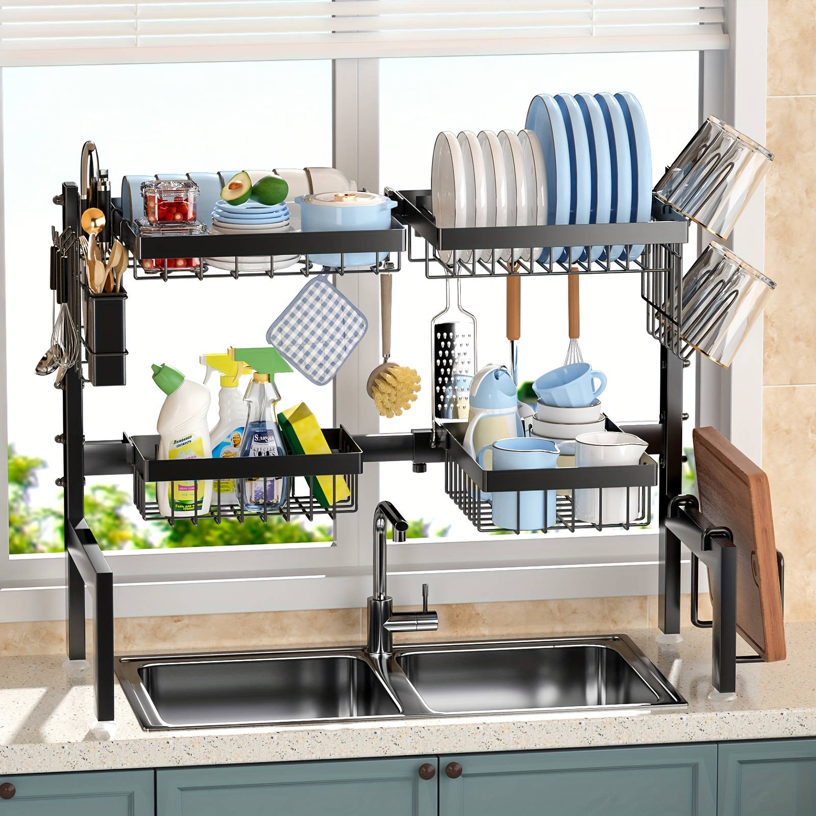 Over The Sink Dish Drainer Drying Rack, Dish Dyring Rack Above Sink with  Adjustable Width 66 to Counter Storage Shelf for Organizer