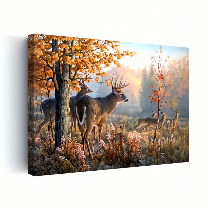 

1pc Wooden Framed Canvas Painting, Deer Canvas Wall Art Rustic Canvas Painting Print Deer In Autumn Forest Landscape Pictures Poster Artwork Modern Home Living Room Bedroom Bathroom 11.8inch*15.7inch