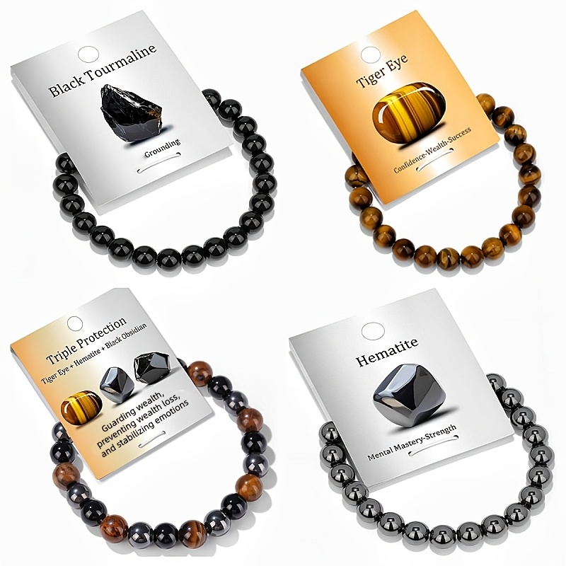 Image of 4 Bracelets 8mm Bead Bracelets For Men And Women, Natural Tiger Eye Stone, Hematite, Obsidian Handmade Gemstones, Spiritual Jewelry Gifts, Christmas Gifts