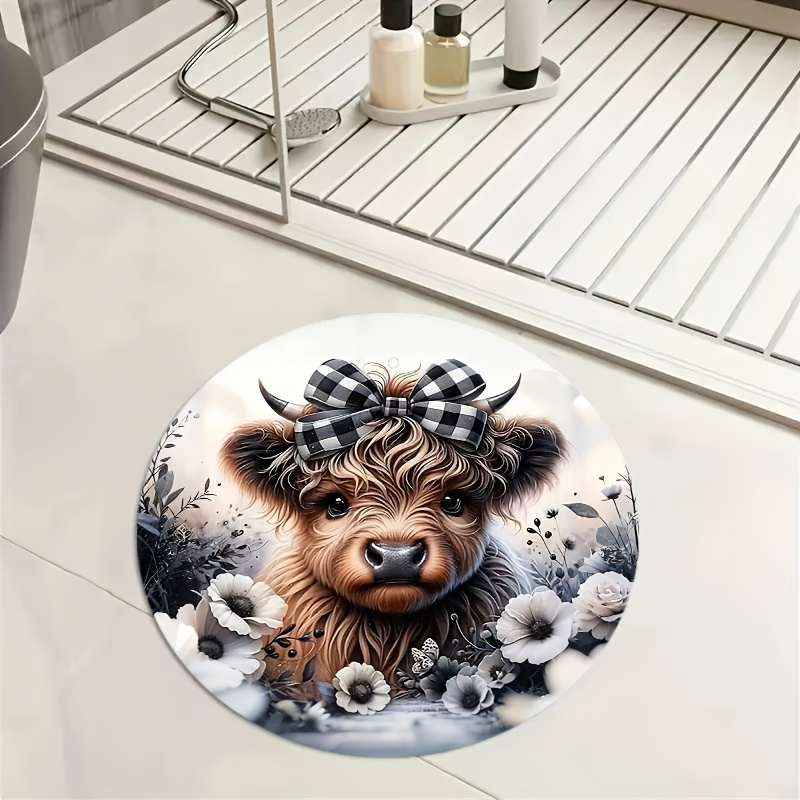 TEMU Jit1pc Highland Cow And Flower Pattern Area Flannel Rug, Round Easy-to-clean Large Area Rug For /bedroom/living Room/kitchen/balcony/dining
