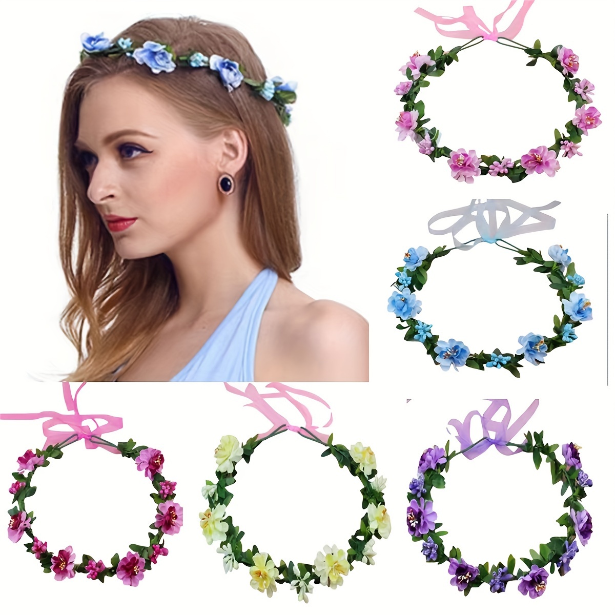 

1pc Floral Crown Garland Headband Spring Summer Flower Headband Boho Wedding Party Holiday Headwear Hair Accessories