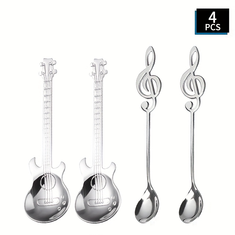 E-shop 4-teiliges Kaffee-Löffel-Set aus Edelstahl, - und Dessertlöffel sowie Teelöffel, mit Musikinstrumenten und Noten verziert, für Musikliebhaber.