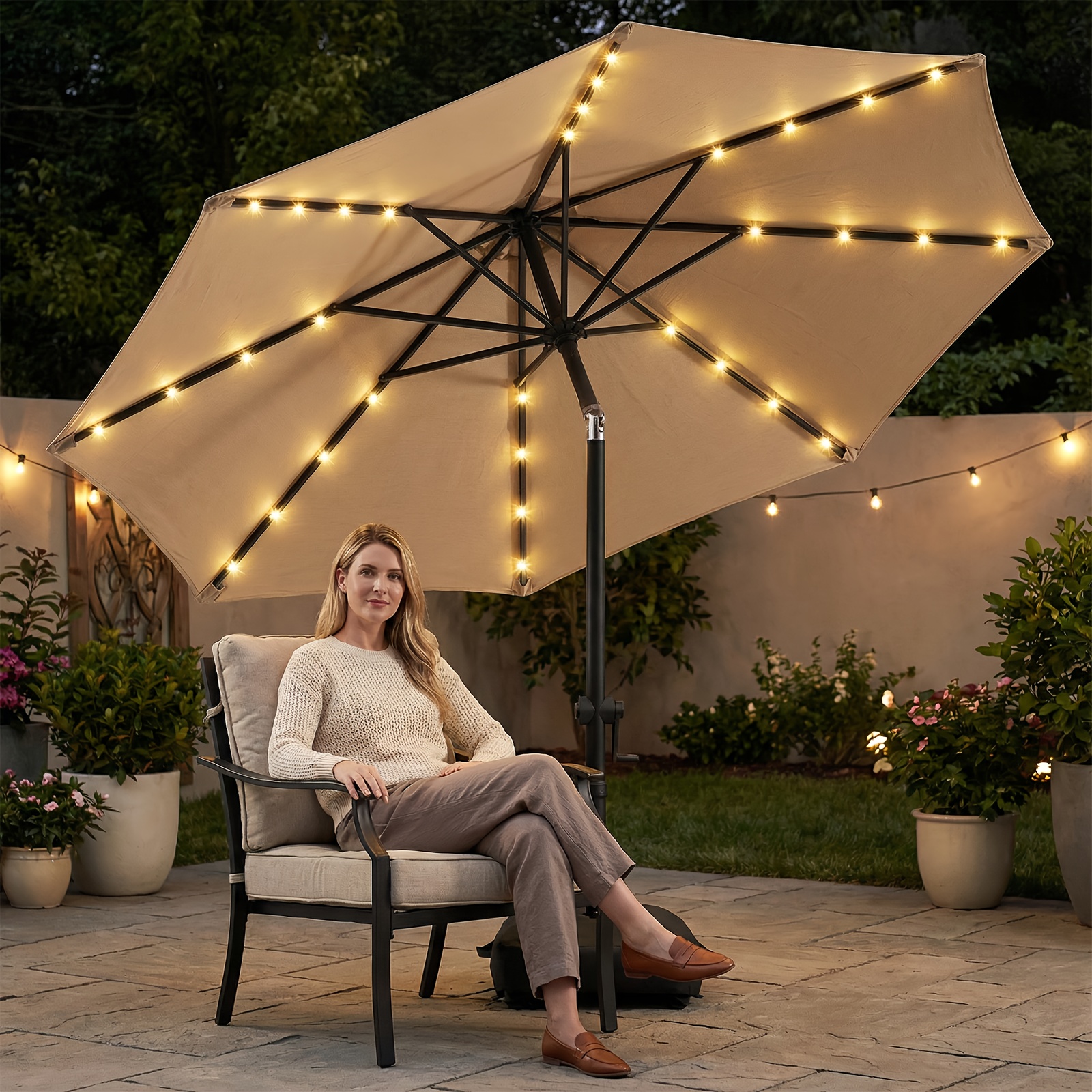 [Christmas & Halloween] Deluxe 32 LED Lighted Patio Umbrella - Navy Blue/Beige/Red/Brown, Solar 10Ft Market Umbrella with Base, Outdoor Table Umbrella with Ventilation, Solar Umbrella with Push Button Tilt/Crank for Garden, Deck, Backyard, Pool, Christmas & Halloween