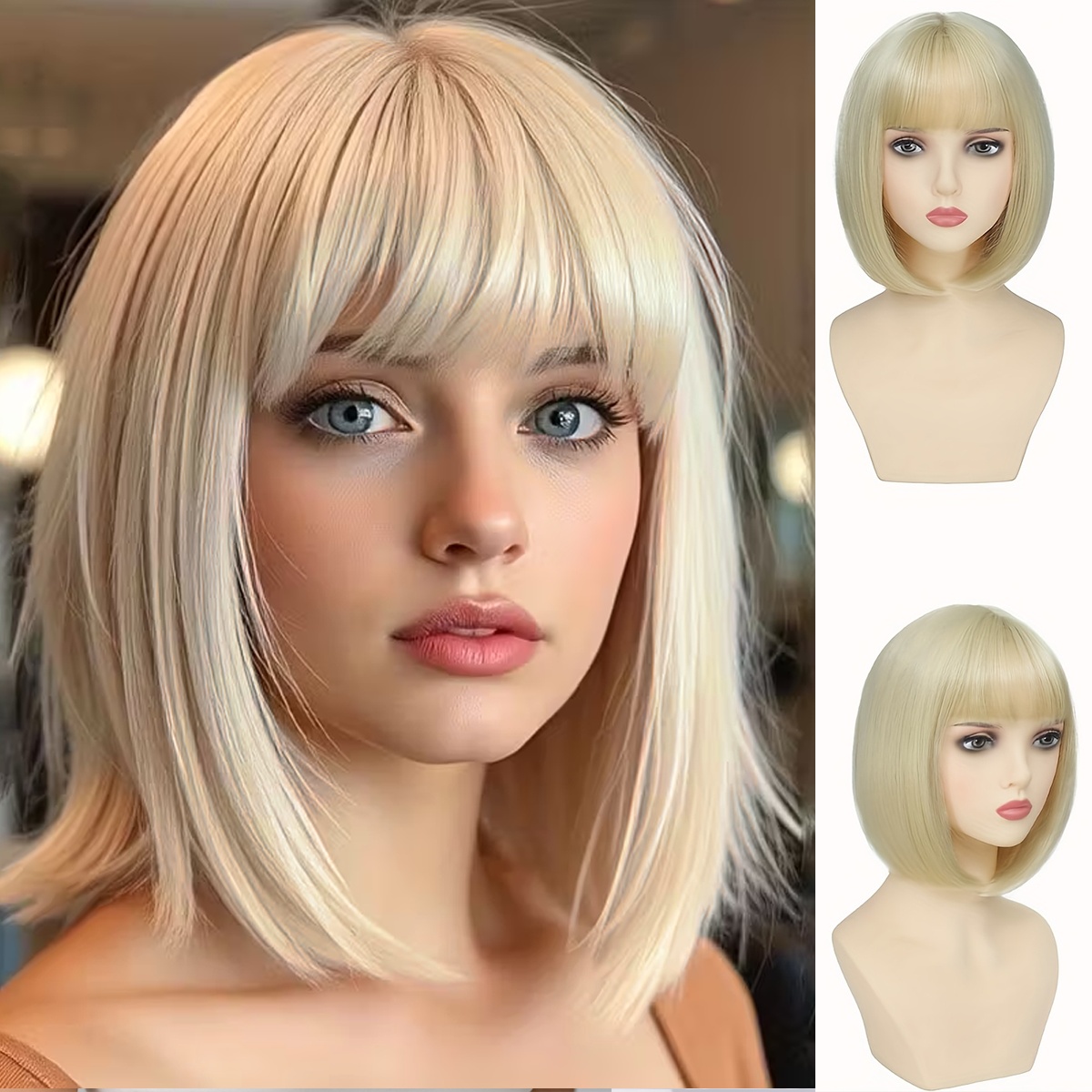 Image of Blonde Bob Wig With Bangs, 12-inch Short Straight Synthetic Hair Wig For Women And Girls - Heat Resistant, Glueless, Quick Wear For Daily Use, Parties, Cosplay, Fits All Sizes