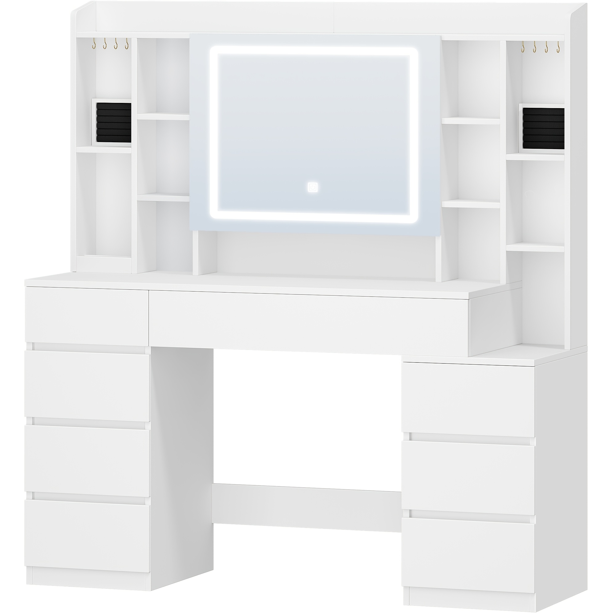 120cm Vanity Table, Storage And Organization, With Mirror, Large Mirror, 8 Drawers And 11 Open Shelves, Integrated Jewelry Tray, 40×120×141cm, White