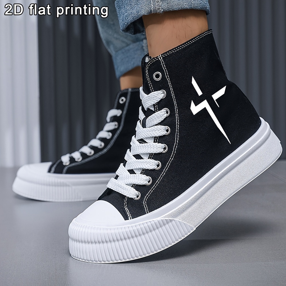 *'S High-Top Canvas Sneakers Black with White Accent, Lace-Up Skate  Shoes, Round Toe, PVC Sole, Fabric Inner Casual Footwear, Everyday