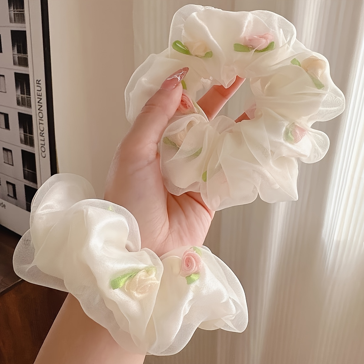 TEMU 2pcs Mesh Flower Large Hair Tie Women's High Elastic Ponytail Rubber Band Hair Rope Temperament Women's Hair Rope Headdress