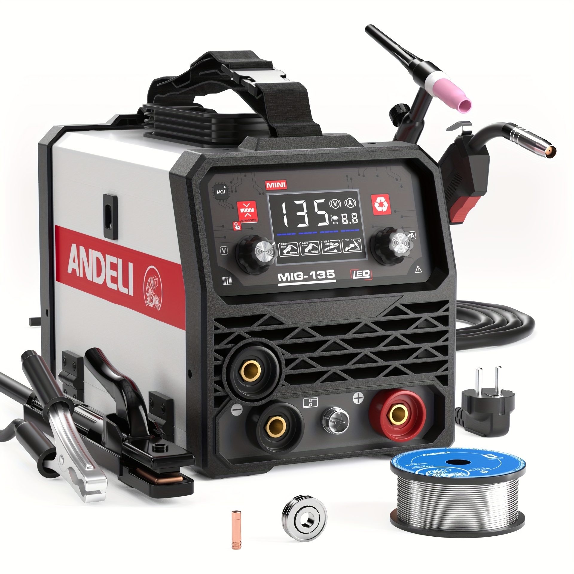 Image of Andeli 135amp Mig Welder Flux Mig/lift Tig/stick 3-in-1 230v Portable Gasless Welder Led Digital Display Welding Machine Igbt Inverter Welder Torch