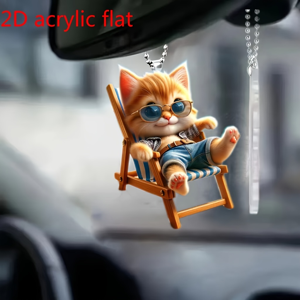 

1pc Trendy Cat 2d Flat Acrylic Car Rearview Mirror Decoration, Fashionable Home Kitchen Accessories Decoration, Bag And Keychain Accessories Decoration