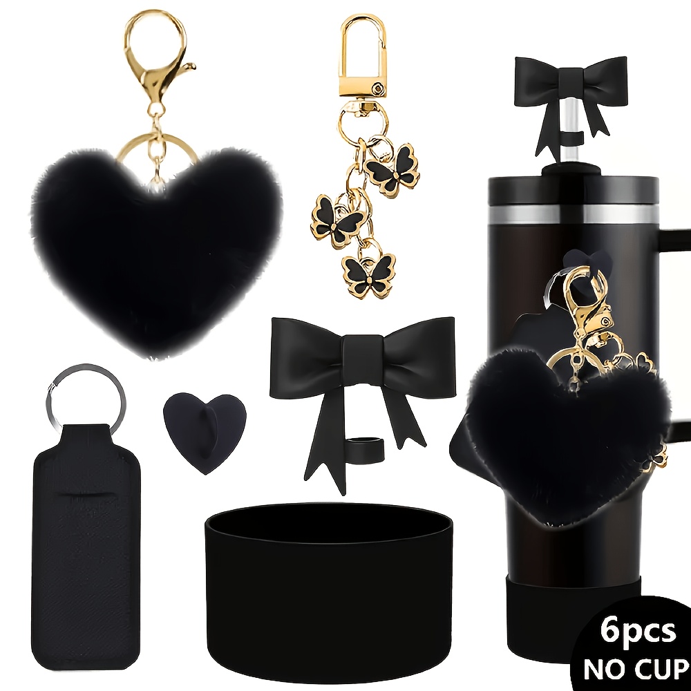 TEMU 6pcs Cup Additions Set For 30oz 40oz Tumbler Cup Including Bow Straw Topper Cover, Chain Charm, Plush Pom Charm And Lipstick Holder, Silicone