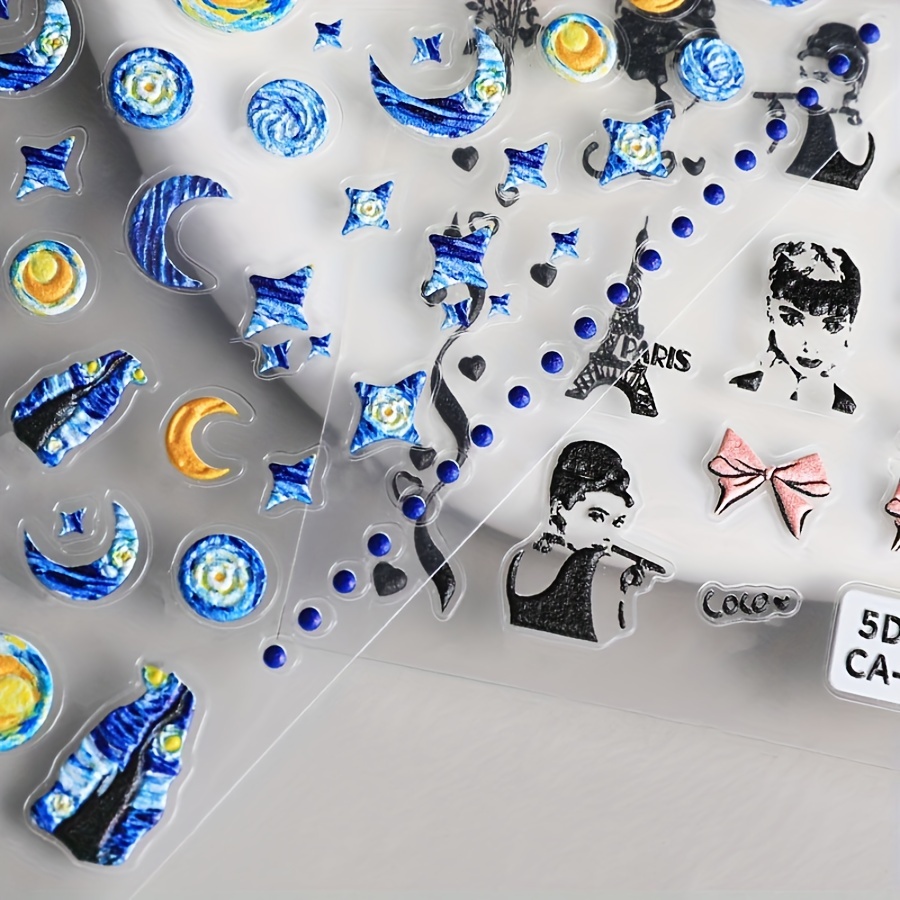 5D Embossed Nail Art Stickers, Starry Night & Butterfly Designs