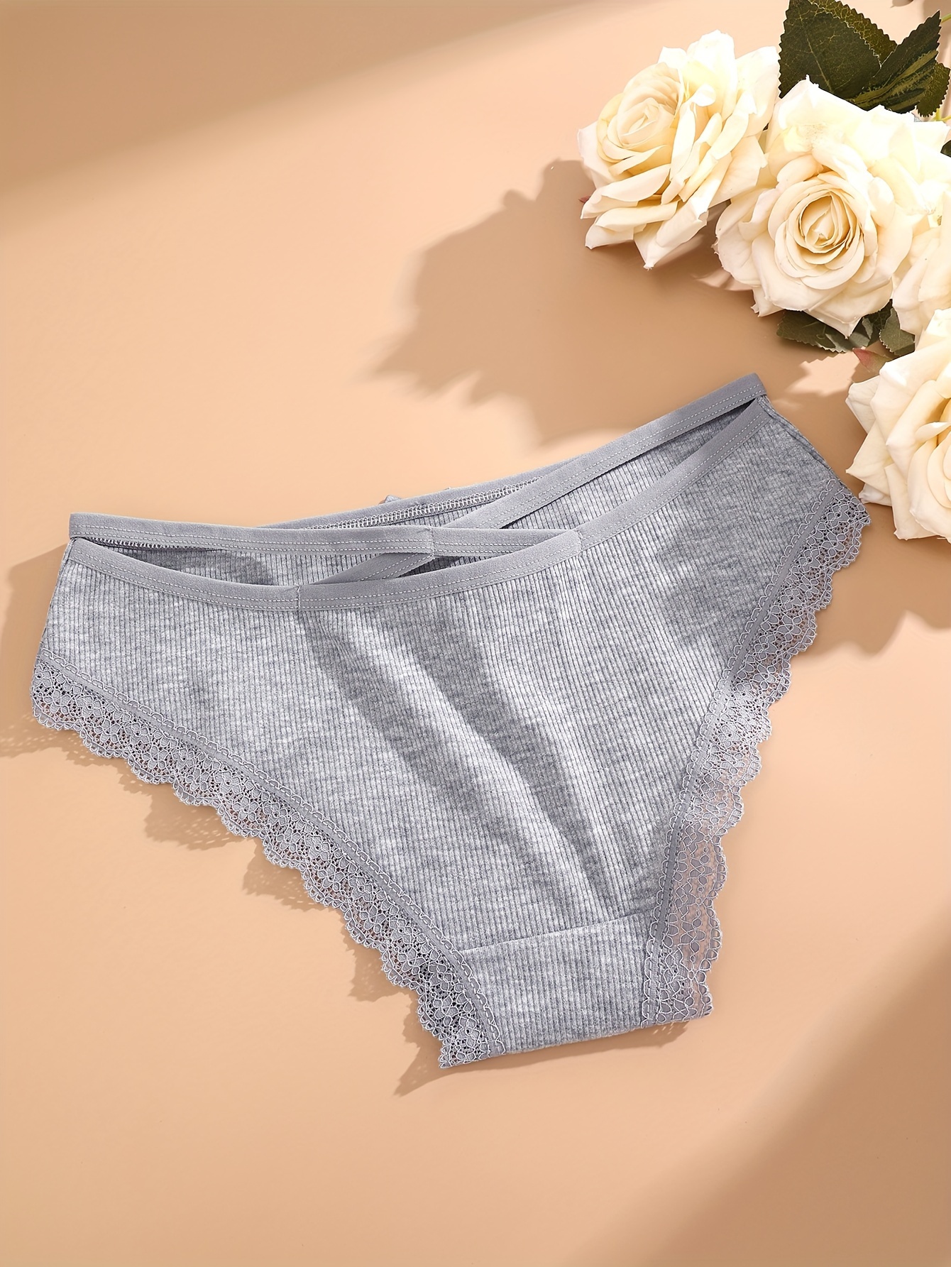 4pcs Women'S Lingerie Briefs with Lace Trim - Sexy Ribbed Design, Solid Colors (White, Pink, Gray, Black), Soft & Comfortable Underwear for Casual Attire, Lingerie Sets, Comfortable Underwear, Elegant Underwear, Soft Fabric Underwear