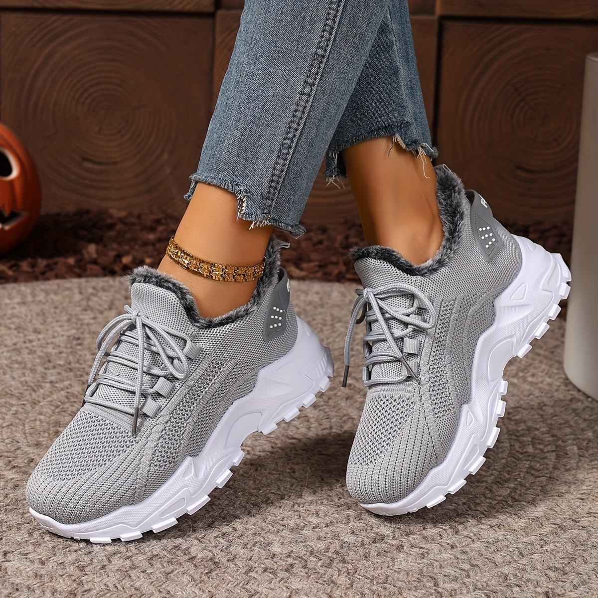 Plus Size Women's Warm Knitted Snow Sneakers for Outdoor Use