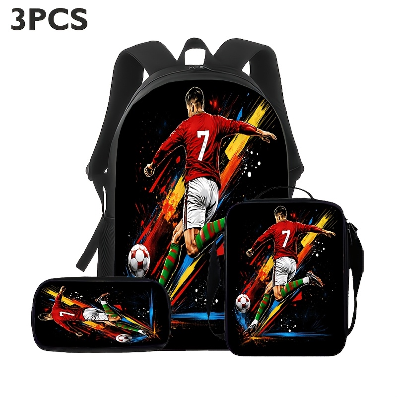 Temu – TEMU 1/3pcs Soccer-themed Print Backpacks, Including Backpacks, Crossbody Bags, And Pencil Cases, Player , , Large Capacity And Practical, Suitable