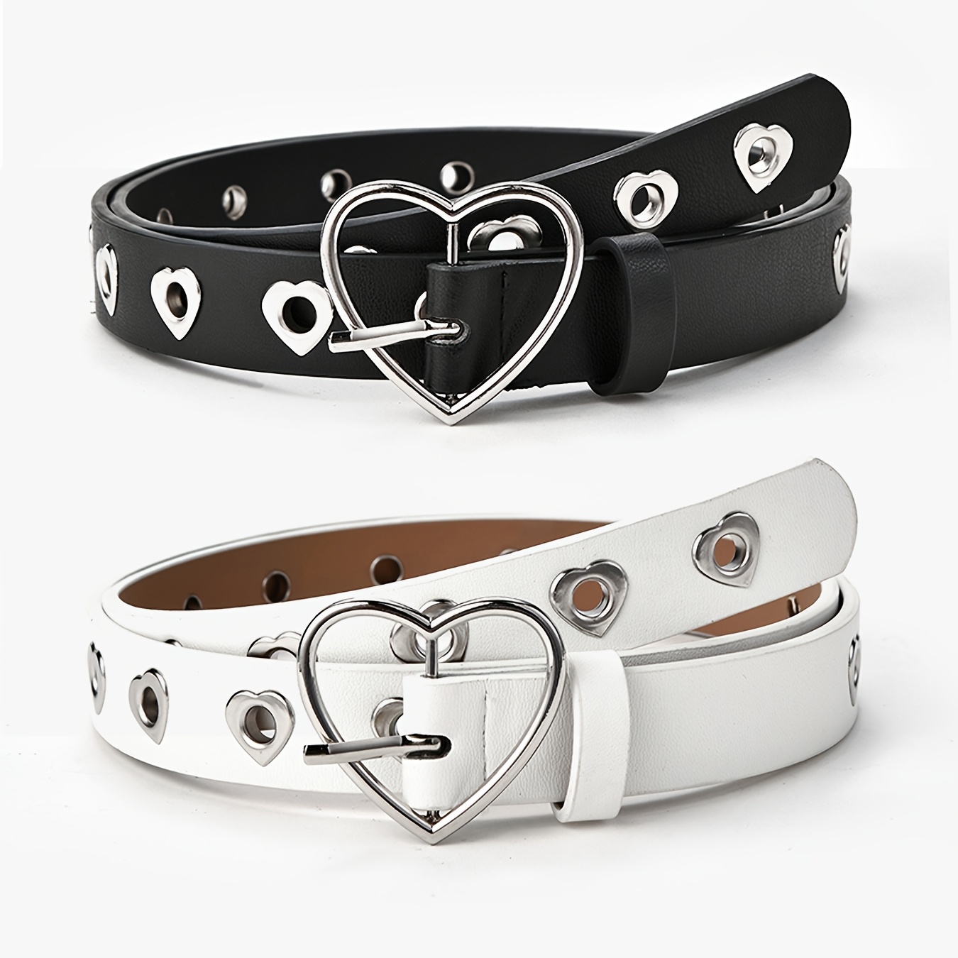 TEMU 2pcs Creative Heart-shaped Grommet Decoration Pants Women's Pu Belt Fashion Peach Heart All-hole Hollow Versatile Belt