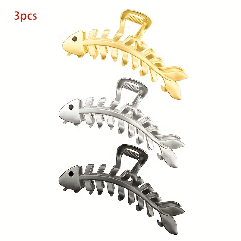 TEMU 3 pinzas para el cabello con forma de espina de pez de metal elegante, para mujer, para uso diario, con diseño de tiburón, modernas, estilo , de