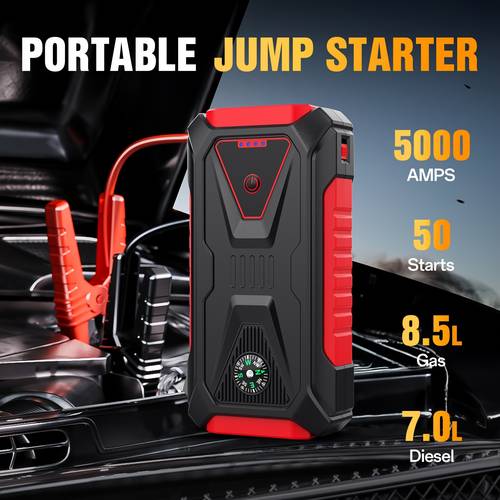 12v portable battery starter 5000a jump 0l gasoline and 8 0l engines led flashlight sos warning lights emergency power supply with safety hammer and compass usb dual use rechargeable lithium polymer battery for rv