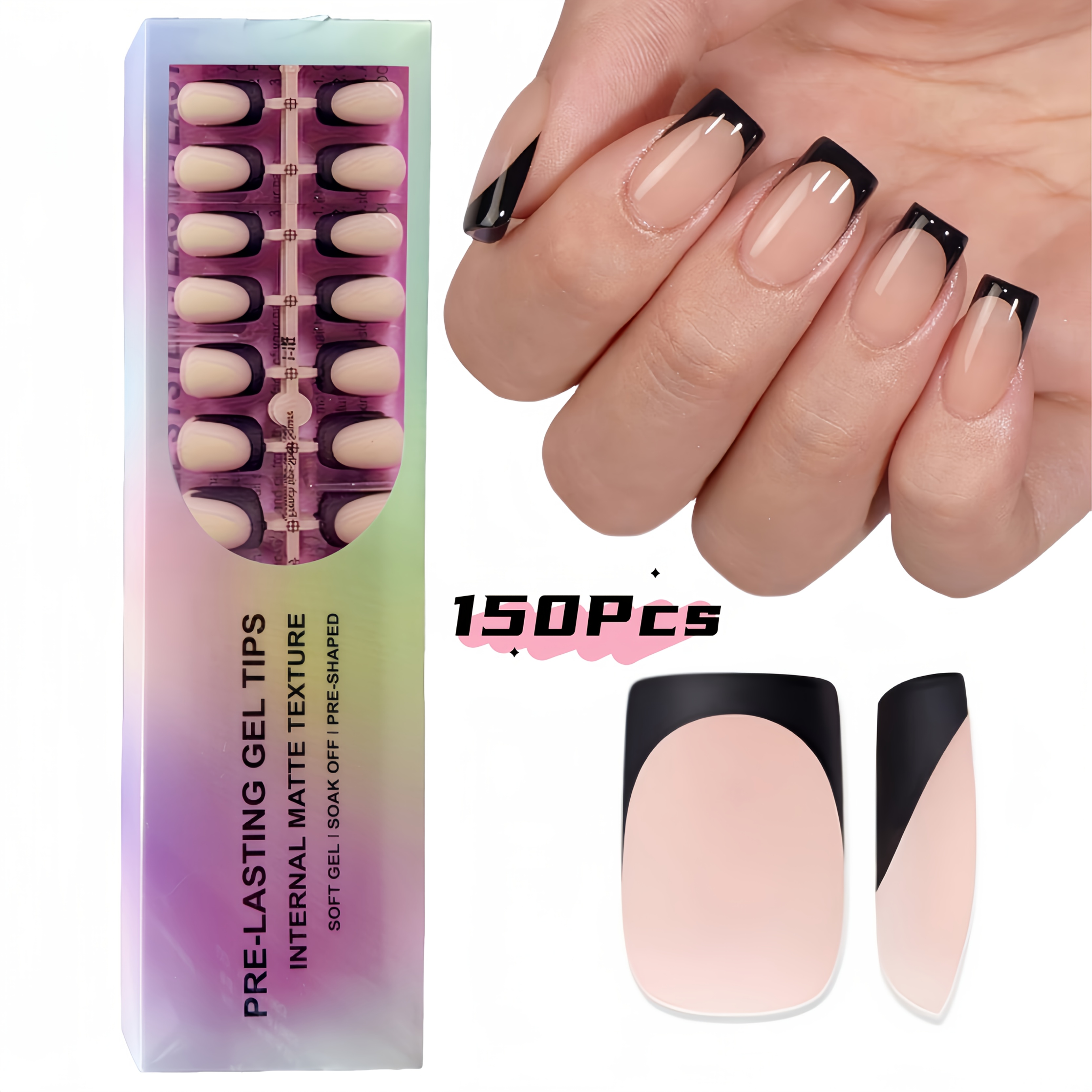150pcs French Soft Pressing Nail Skin Black, Square, Matte Surface, 3-in-1 Prefabricated Coating Innovative Super Comfortable