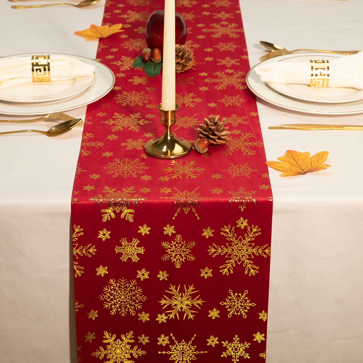 TEMU A Red Velvet Table Runner With Snowflake Patterns And Accents, Themed For Christmas, Perfect For Decorating A Tabletop