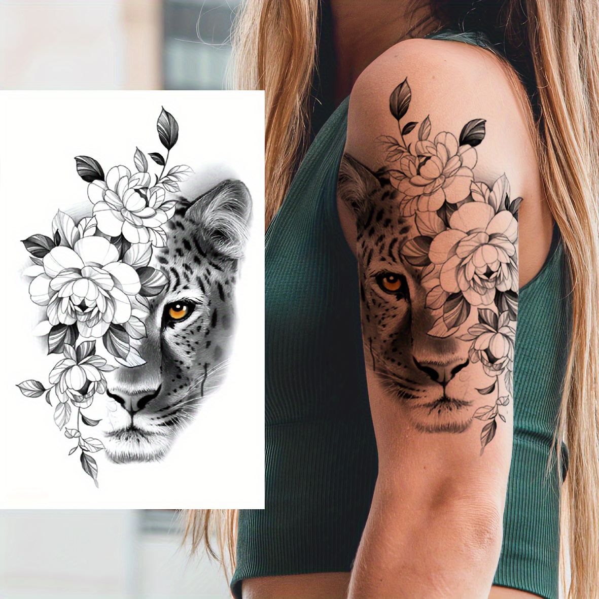 Tatuagem temporária sexy do tigre da flor do sol para as mulheres