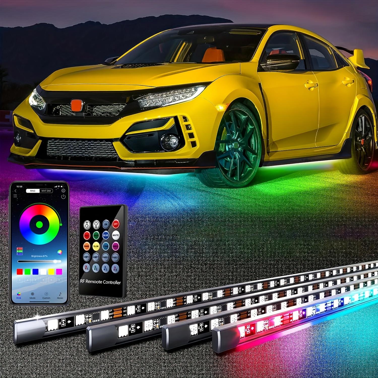 

4pcs Rgb Led Strip Light, Car Led Neon Light With App , , Wireless Remote Control, Car Light Bar, Decorative Light Led Underglow Kit